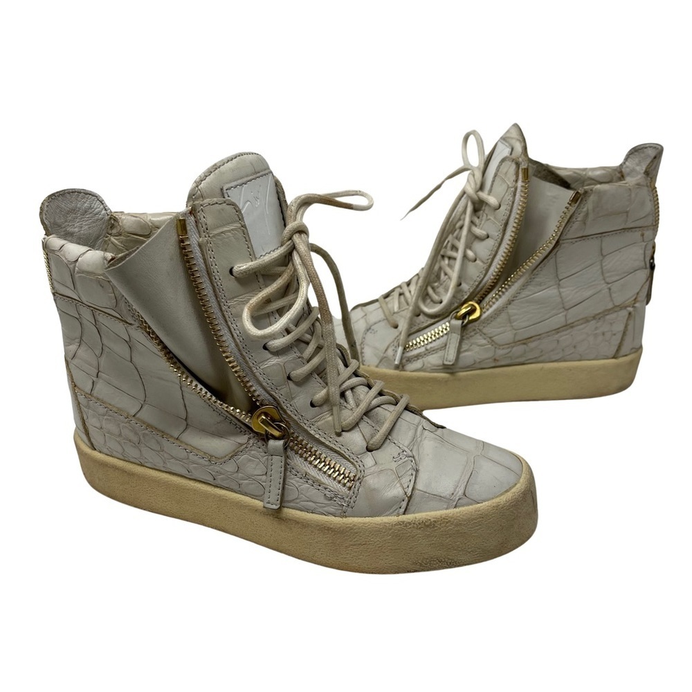 Giuseppe Zanotti Sz 5 EUR 36 Croc Embossed Leather High Top Sneakers Cream Gold
